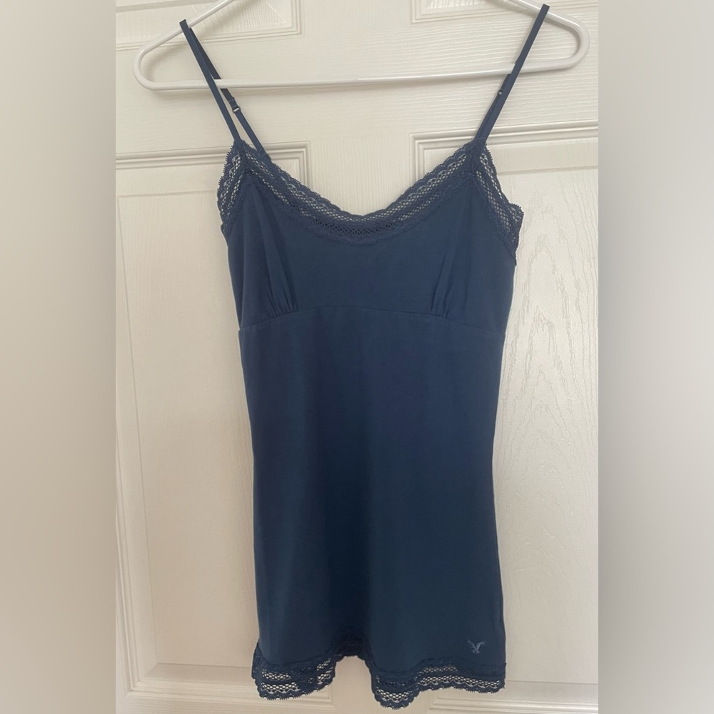 American Eagle Outfitters navy blue cami top with lace borders, never worn